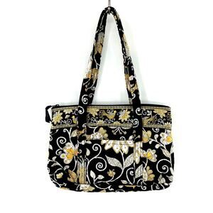 Vera Bradley Tote Shoulder Bag Medium Size Black Yellow Floral Print Pockets